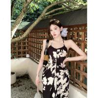 权小威 2023年夏季新款纯欲高腰气质印花显瘦挂脖露背绑带连衣裙女