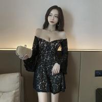 权小威 夜女装性感深v领露肩收腰遮肚a字裙气质露胸连衣裙工作装