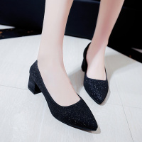 述雅2021春季新款银色尖头高跟鞋粗跟亮片浅口方跟百搭女鞋中跟单鞋潮