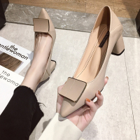 述雅粗跟方扣单鞋女春秋2021新款韩版时尚百搭仙女尖头法式少女高跟鞋