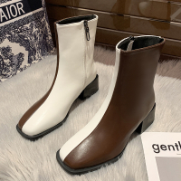 述雅短靴女2021年秋季新款方头高跟马丁粗跟短筒时尚百搭英伦风瘦瘦靴