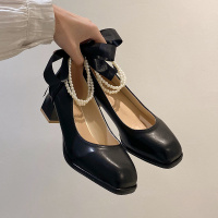 述雅单鞋女2022年新款珍珠一字带温柔高跟鞋法式仙女风气质粗跟晚晚鞋