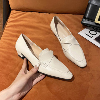 述雅网红尖头浅口单鞋女2022年新款一脚蹬粗跟晚晚鞋百搭气质小皮鞋潮