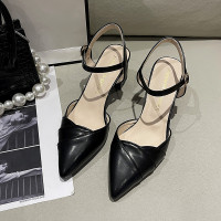 述雅时尚尖头凉鞋仙女风2022年春季新款一字带粗跟淑雅气质高跟鞋