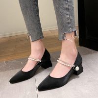 述雅黑色高跟鞋女2022年新款优雅赫本风珍珠链条仙女鞋百搭婚鞋伴娘鞋