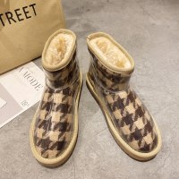 苏芈格子雪地靴女冬季2021年新款透明皮面防水加绒加厚面包短靴子
