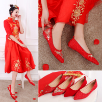 苏芈红鞋婚鞋女红色平底尖头新娘鞋中式孕妇舒适刺绣结婚鞋敬酒秀禾鞋