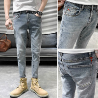 夏季浅蓝色九分牛仔裤男韩版潮流修身小脚长裤子青年大码9分裤潮牌HOUQIYE