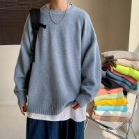 毛衣男2021秋冬新款港风纯色套头圆领宽松针织衫休闲开叉线衣青年加厚打底衫HOUQIYE