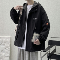 2022新款春秋季假两件连帽工装夹克男士潮流大码衣服男生学生外套HOUQIYE