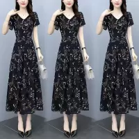 2022夏季新款大码女装雪纺碎花连衣裙妈妈胖mm收腰显瘦洋气遮肚子长裙HOUQIYE