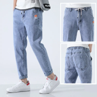 夏季薄款牛仔裤男2022新款宽松韩版潮流休闲百搭弹力松紧腰九分裤学生裤子HOUQIYE