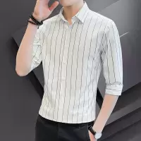 韩版条纹短袖衬衫男2022夏季薄款潮牌青年商务七分袖修身衬衣帅气百搭寸衫HOUQIYE