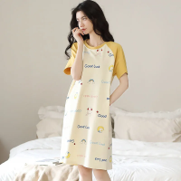 纯棉短袖睡裙女2022夏季薄款学生韩版甜美中长裙全棉睡衣可外穿家居服HOUQIYE