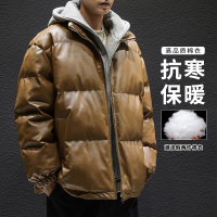 假两件棉服男2022冬季新款PU皮连帽高街潮牌青年学生棉衣外套HOUQIYE