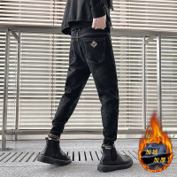 2022冬季新款加绒加厚牛仔裤男修身青年学生小脚裤潮牌痞帅帅气长裤子HOUQIYE