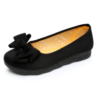 述雅新款老北京布鞋女鞋平底软底豆豆单鞋蝴蝶结圆头浅口黑色工作鞋女