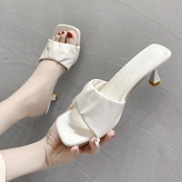 述雅夏季新款凉拖外穿时尚方头细跟高跟鞋百搭网红小清新少女一字拖潮