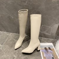 述雅不过膝长靴女2021年春秋新款尖头粗跟白色高筒小众瘦瘦骑士长筒靴