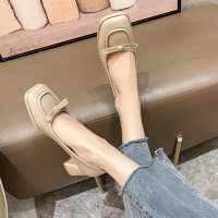 述雅黑色高跟鞋女2022年春季新款方头浅口一脚蹬温柔中跟鞋百搭晚晚鞋