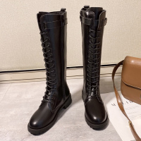苏芈槿岸骑士靴女显瘦长筒靴不过膝黑色系带高筒长靴子女2020年秋冬新款潮