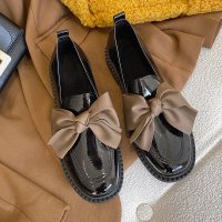 苏芈职业粗跟单鞋女小皮鞋英伦范一脚蹬欧洲站蝴蝶结软底尖头乐福鞋女