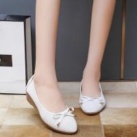 苏芈单鞋女夏季2021年新款百搭尖头蝴蝶结网眼透气豆豆鞋坡跟女鞋软底