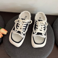 苏芈2022夏季新款韩版豹纹千鸟格系带帆布拖鞋女外穿厚底大头拖鞋