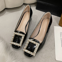 苏芈2022新款韩版百搭浅口方扣水钻粗跟单鞋女复古方头高跟鞋黑色女鞋