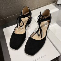 苏芈淑女方头单鞋女2022新款仙女风低跟黑色绑带一字扣晚晚鞋女