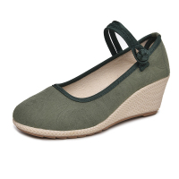 枫述女春夏季新款坡跟单鞋高跟妈妈鞋复古民族风系带绣花鞋女