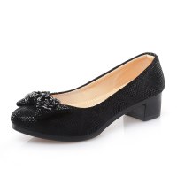 枫述新款女鞋蝴蝶结中跟粗跟浅口黑色工作鞋老北京布鞋女士单鞋