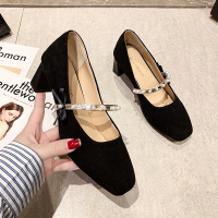 枫述粗跟单鞋女2021新款百搭浅口圆头法式高跟鞋一字扣带玛丽珍鞋中跟