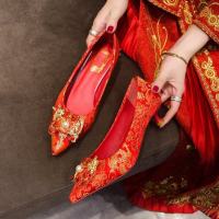 枫述婚鞋女2021新款新娘鞋粗跟中式红色结婚鞋细跟女鞋孕妇低跟秀禾鞋