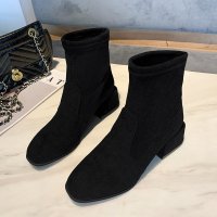 枫述弹力靴瘦瘦靴女中跟百搭2021秋冬新款方头中筒袜靴英伦粗跟短靴女