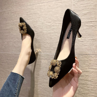 枫述绸缎高跟鞋女细跟2021年秋新款7cm秀禾婚鞋中跟职业黑色尖头单鞋