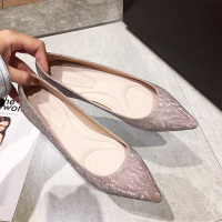 枫述网红香槟色平底单鞋女2021春秋新款百搭新娘婚鞋尖头少女伴娘大码