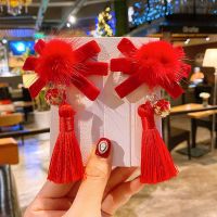 宝宝过年头饰女童发饰中国风发卡套盒儿童拜年服百搭毛球铃铛发夹 红色铃铛毛球发夹一对