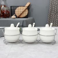 家用陶瓷调味罐三件套 创意厨房佐料瓶辅佐盒糖盅盐罐鸡精调料盅 铁架陶瓷调味罐-纯白色