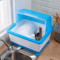 厨房放碗筷收纳盒家用碗碟沥水碗架带盖装碗柜盘子餐具双层储物箱 大号单层蓝色