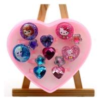 可爱公主首饰套装儿童耳夹无耳洞小孩吊坠宝宝耳环女童戒指礼物盒 12玫纯戒指小爱心盒(全是戒指)