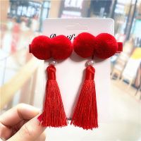 宝宝新年发卡儿童中国风发夹蝴蝶结貂毛流苏对夹女童表演毛球头饰 1#红色双毛球流苏对夹【一对价】