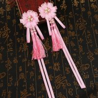 流行款小女孩儿汉服唐装配饰丸子头对夹女童发饰宫廷步摇流苏发夹 三珠花流苏飘带对夹粉色