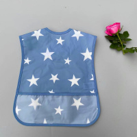日韩宝宝全棉防水吃饭围嘴饭兜婴儿童薄款透气吃饭衣小孩围兜罩衣 单层粘扣灰蓝星星1件