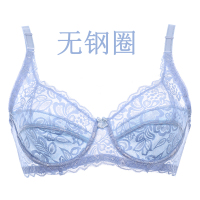 夏季超薄款性感蕾丝透明聚拢文胸女士大码无海绵内衣大胸显小胸罩 浅蓝[无钢圈薄款薄海绵] 75B