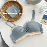 内衣女小胸聚拢上托无钢圈调整型文胸套装蕾丝少女收副乳薄款胸罩 蓝色单件 32/70A