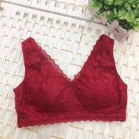 无钢圈零压力背心式文胸女士全罩杯透气胸罩高档蕾丝透气内衣 酒红色 34/M/75B/C