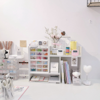 ins风简约宿舍桌面书架简易置物架木质组合柜多功能化妆品收纳架 白色H架 2层