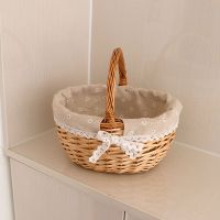 篮子收纳大号柳编藤编竹编手提篮子收纳篮购物篮菜篮子编织花篮大 小号原色+麻布小花内衬