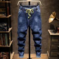 秋季新款宽松紧腰哈伦牛仔裤男学生抽绳束脚韩版显瘦休闲工装裤男 蓝色 29